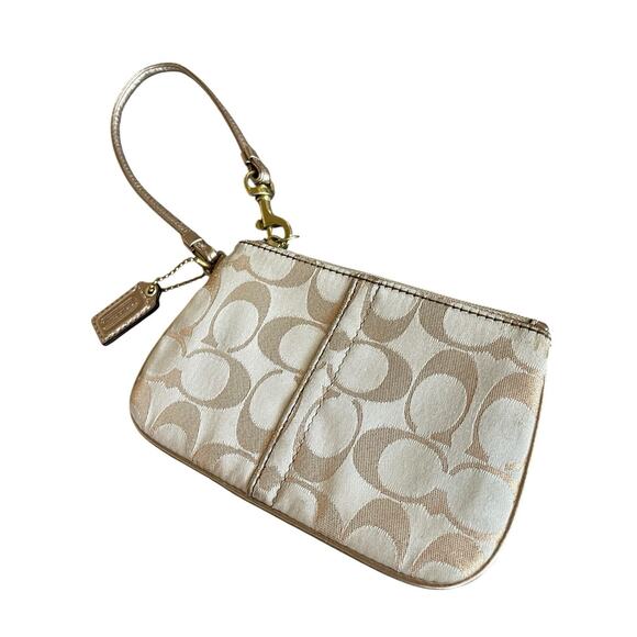 COACH Khaki/Gold Signature C Canvas Leather Trim Zip Clutch Wristlet Hang Tag - Picture 2 of 9